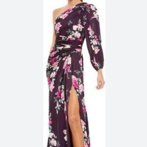 MacDuggal long sleeved, one shoulder evening gown